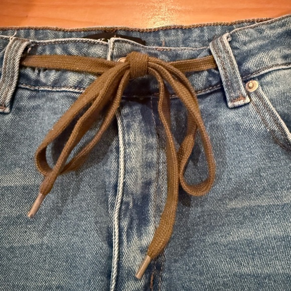 AKIRA Blue and Tan Patchwork Hybrid Jeans Cargo Pockets Jogger Cuff Hem Large - Picture 6 of 14